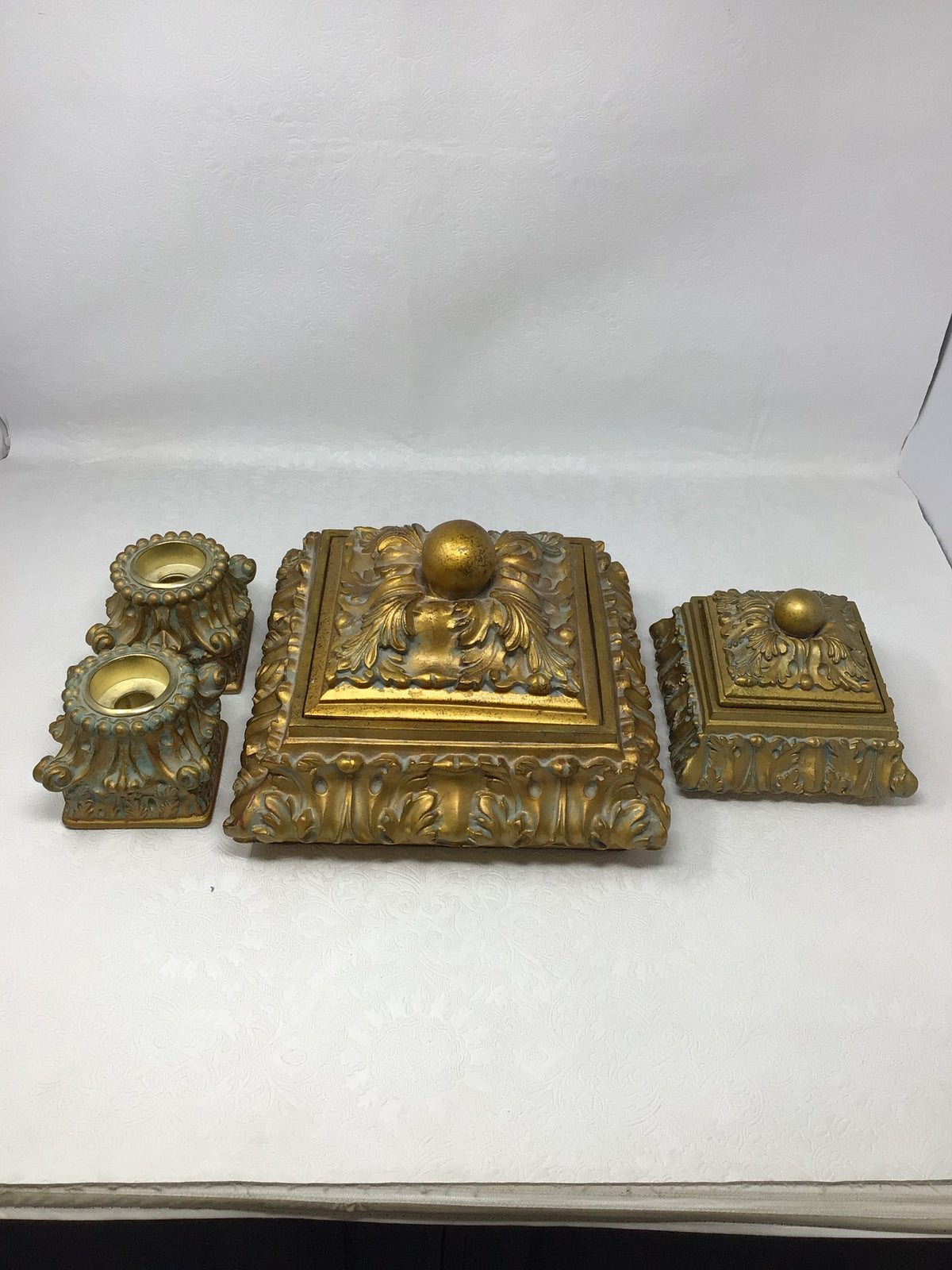 Ornate Gold-Painted and Distressed Decorative Candles and Trinket Boxes