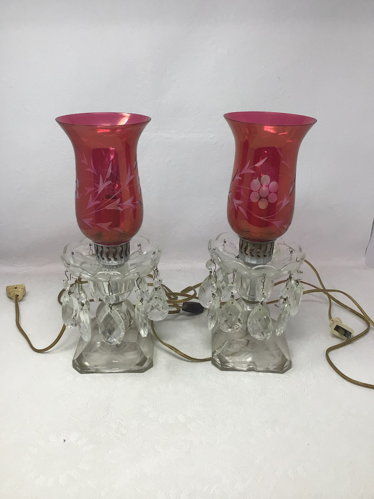 Pair of Vintage Cranberry Glass Hurricane Accent Lamps