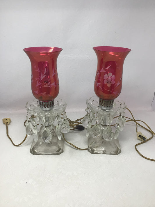 Pair of Vintage Cranberry Glass Hurricane Accent Lamps