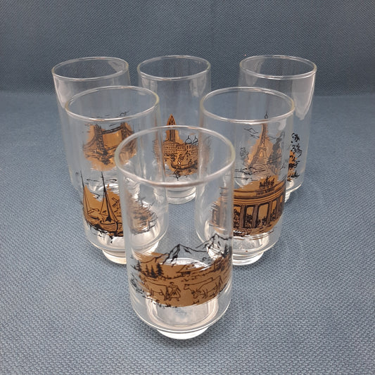 Mid Century European Cityscape Footed Tumblers