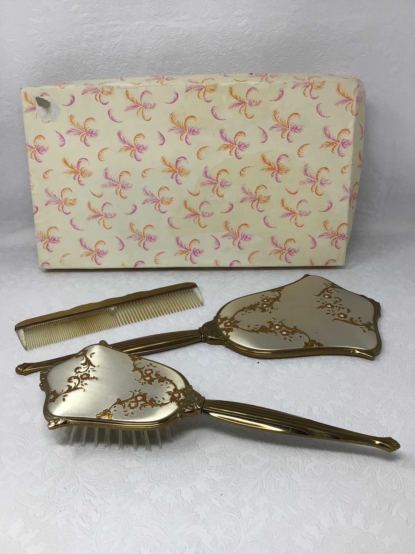 Vintage Gemlite Floral Mirror, Comb and Brush Set
