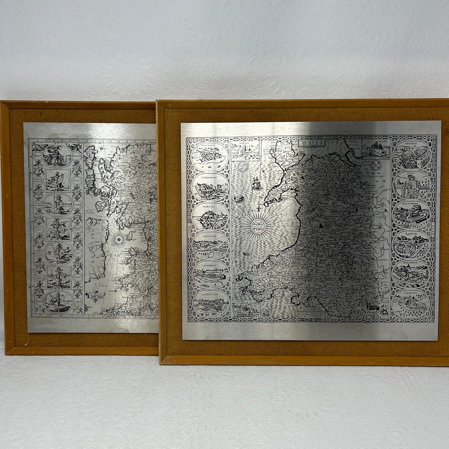 Set of 2 MCM Etched Steel Maps of Britain and Wales