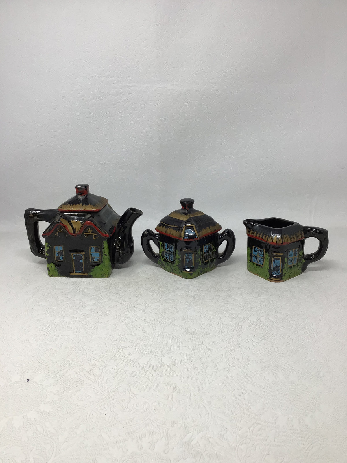 3 Piece Black Cottage Tea Set