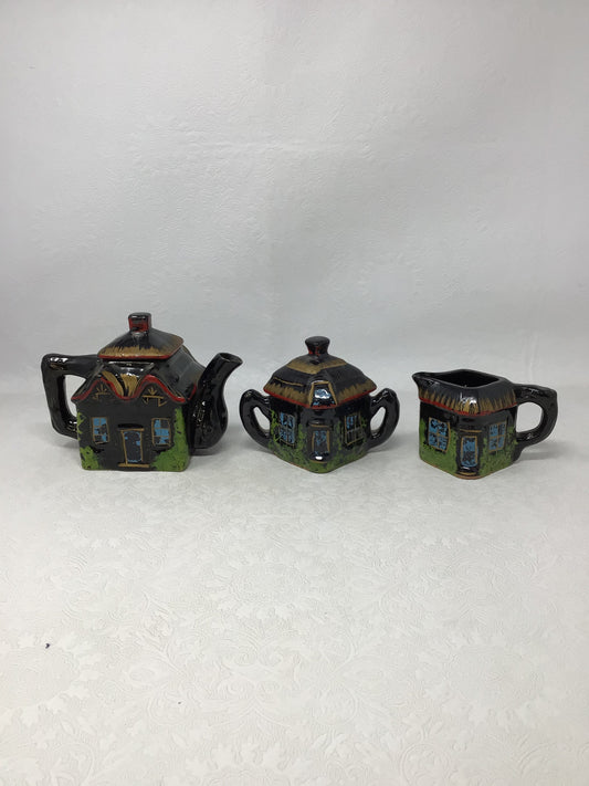 3 Piece Black Cottage Tea Set