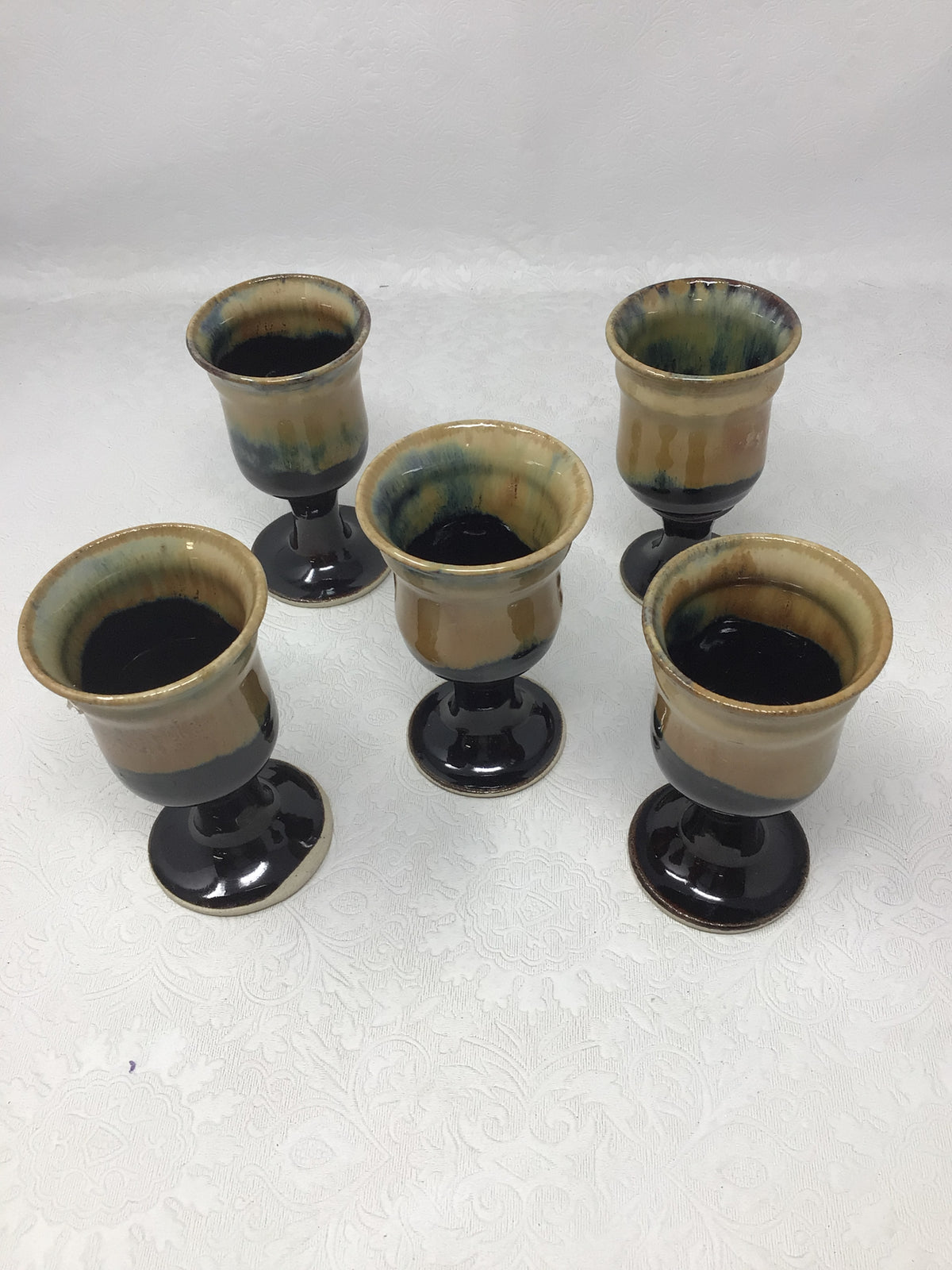 Set of 5 Vintage Hand-thrown Pottery Goblets