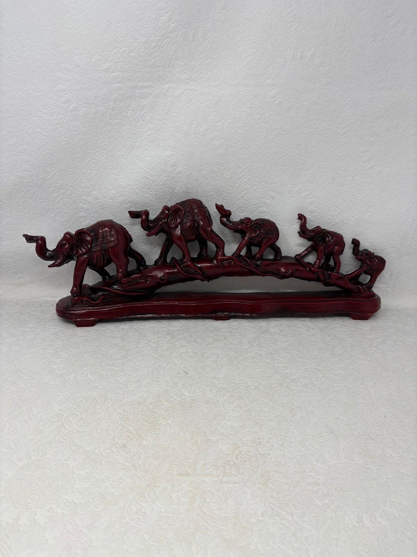 Vintage Red Glazed Resin Elephants on Bridge Sculpture