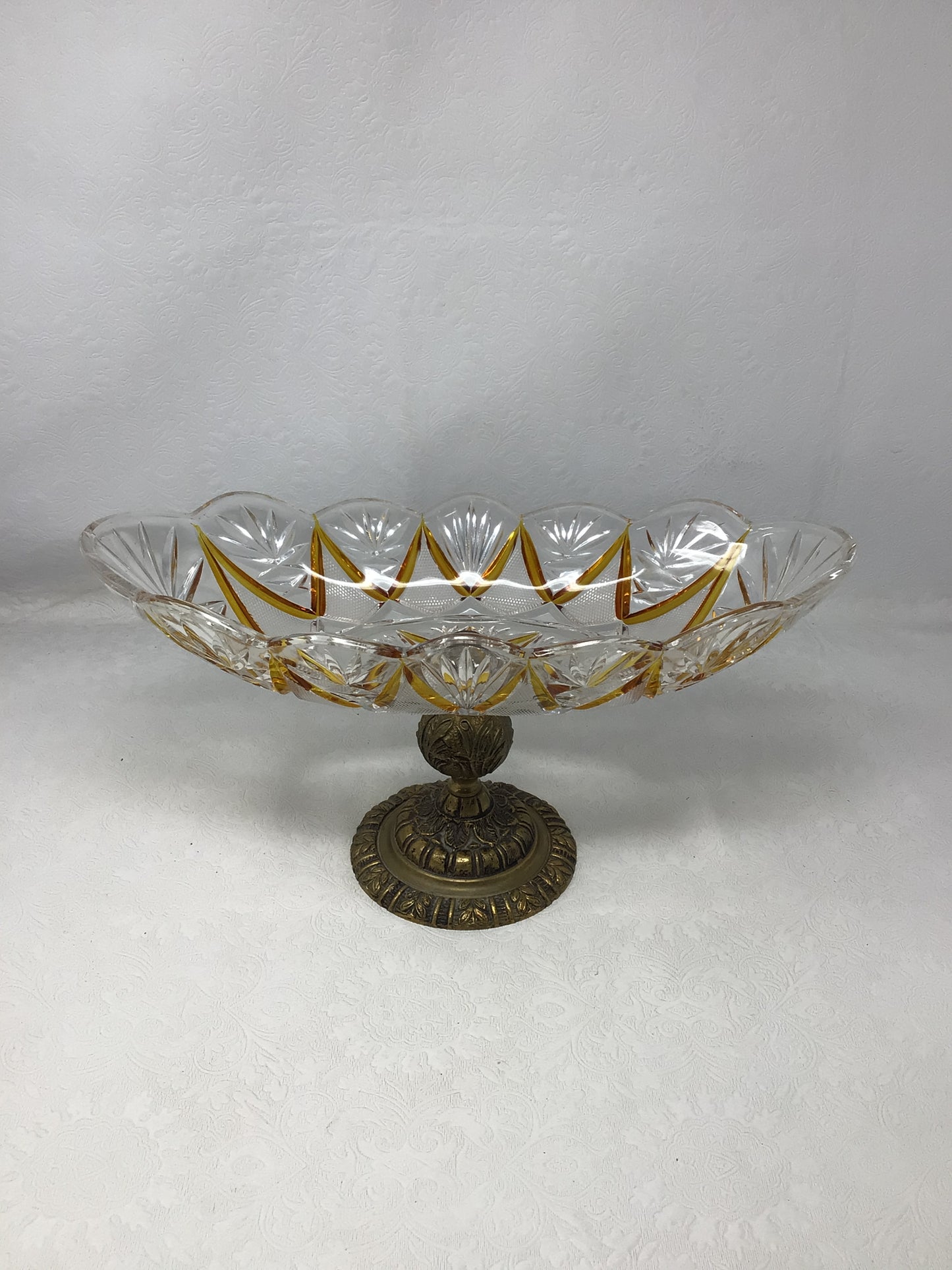 Vintage Ornate Brass Footed Pedestal Pinwheel Crystal Glass Bowl
