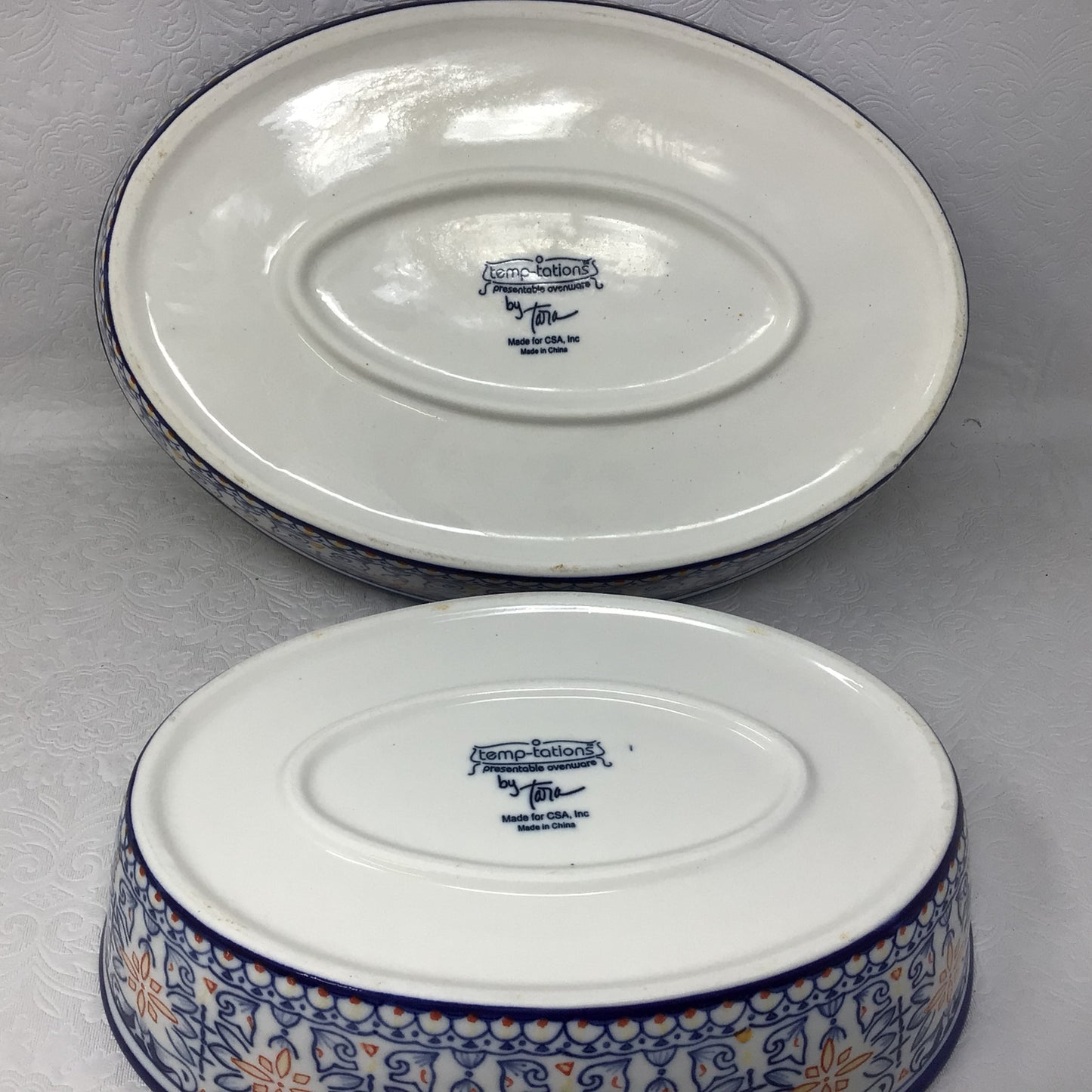 Temp-tations By Tara Ceramic Old World Blue Casserole Dishes And Metal Rattan Serving Basket