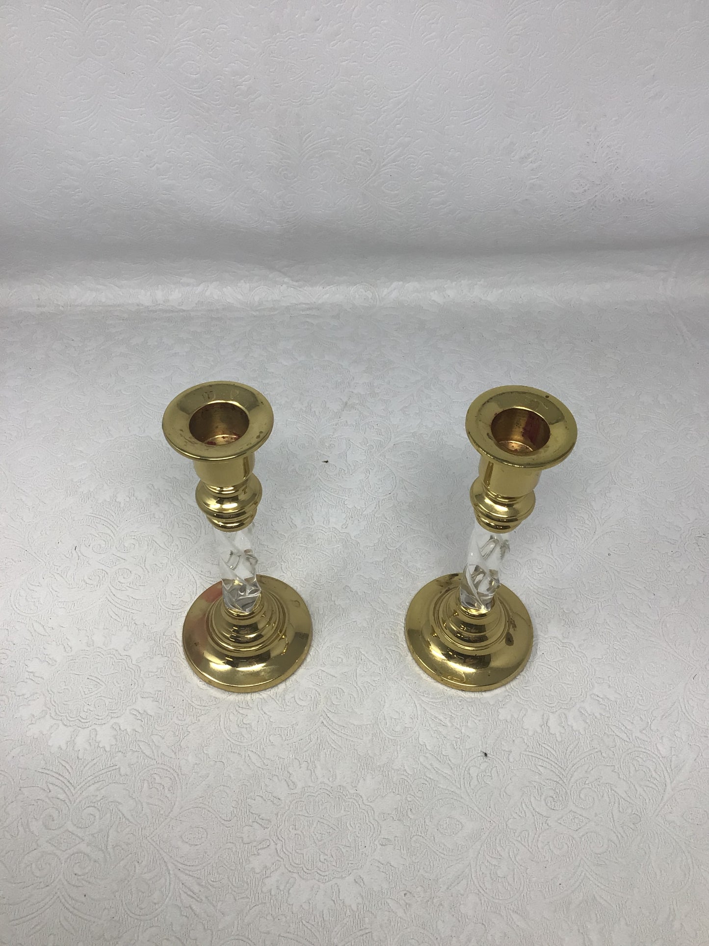 Pair of Vintage Brass Twisted Lucite Taper Candle Holders