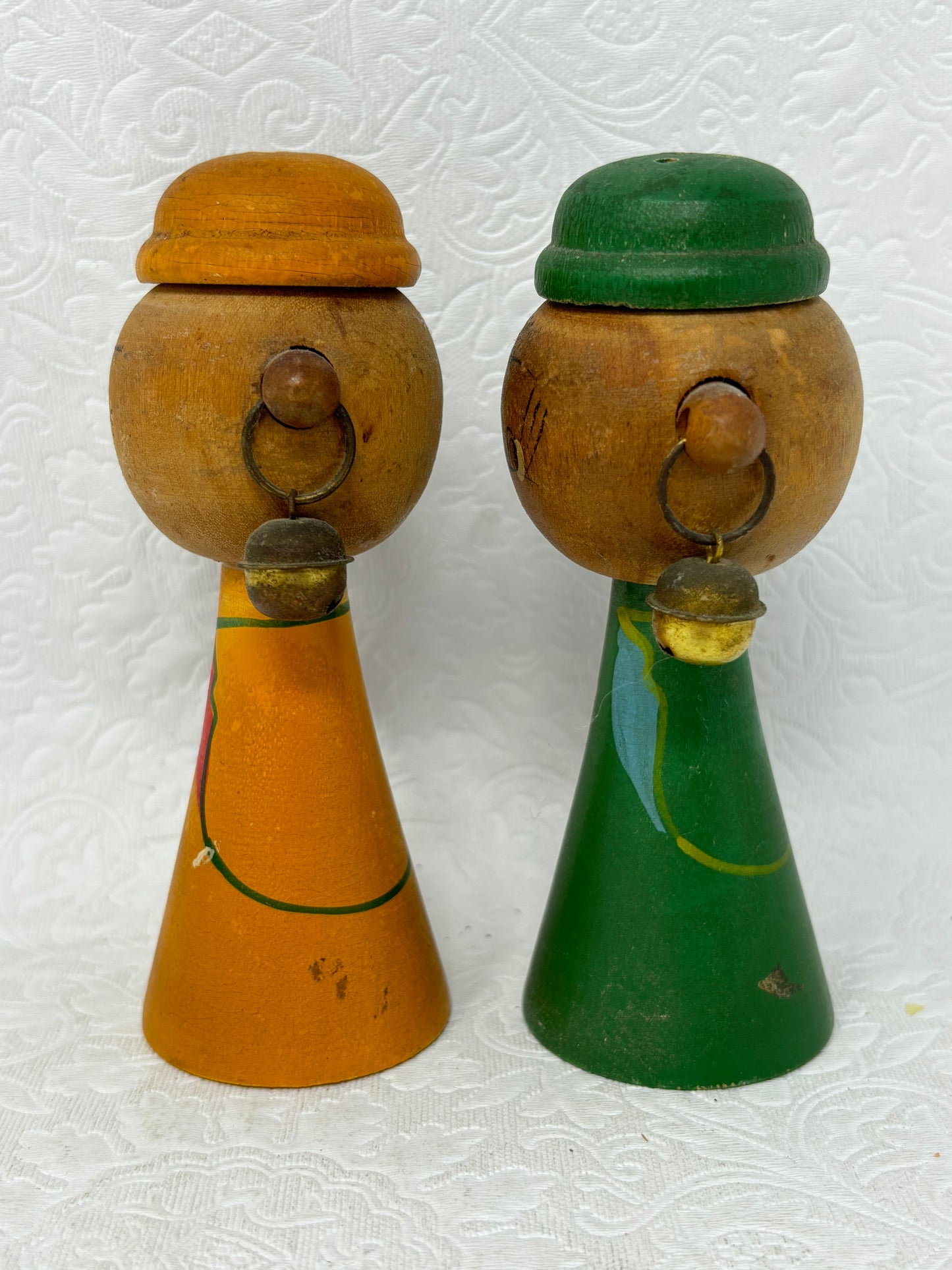 Vintage Wooden Salt & Pepper Shakers with Bell Earrings