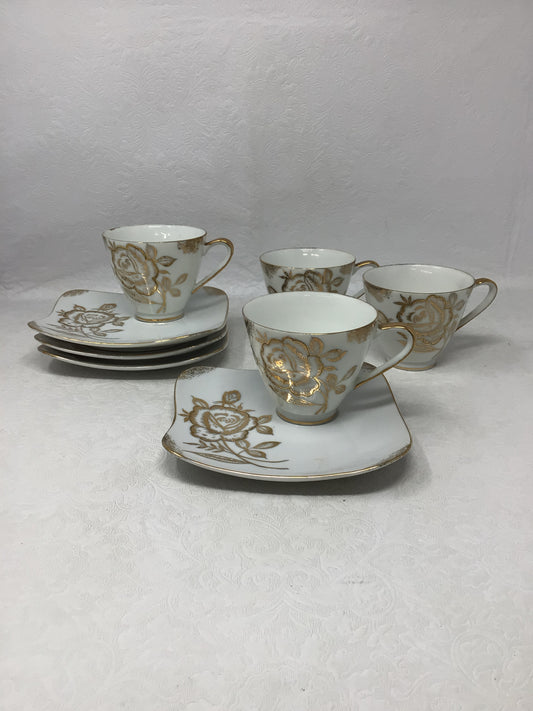 Vintage Oakwood White Porcelain Set, 4 Teacups & 4 Dessert Plates