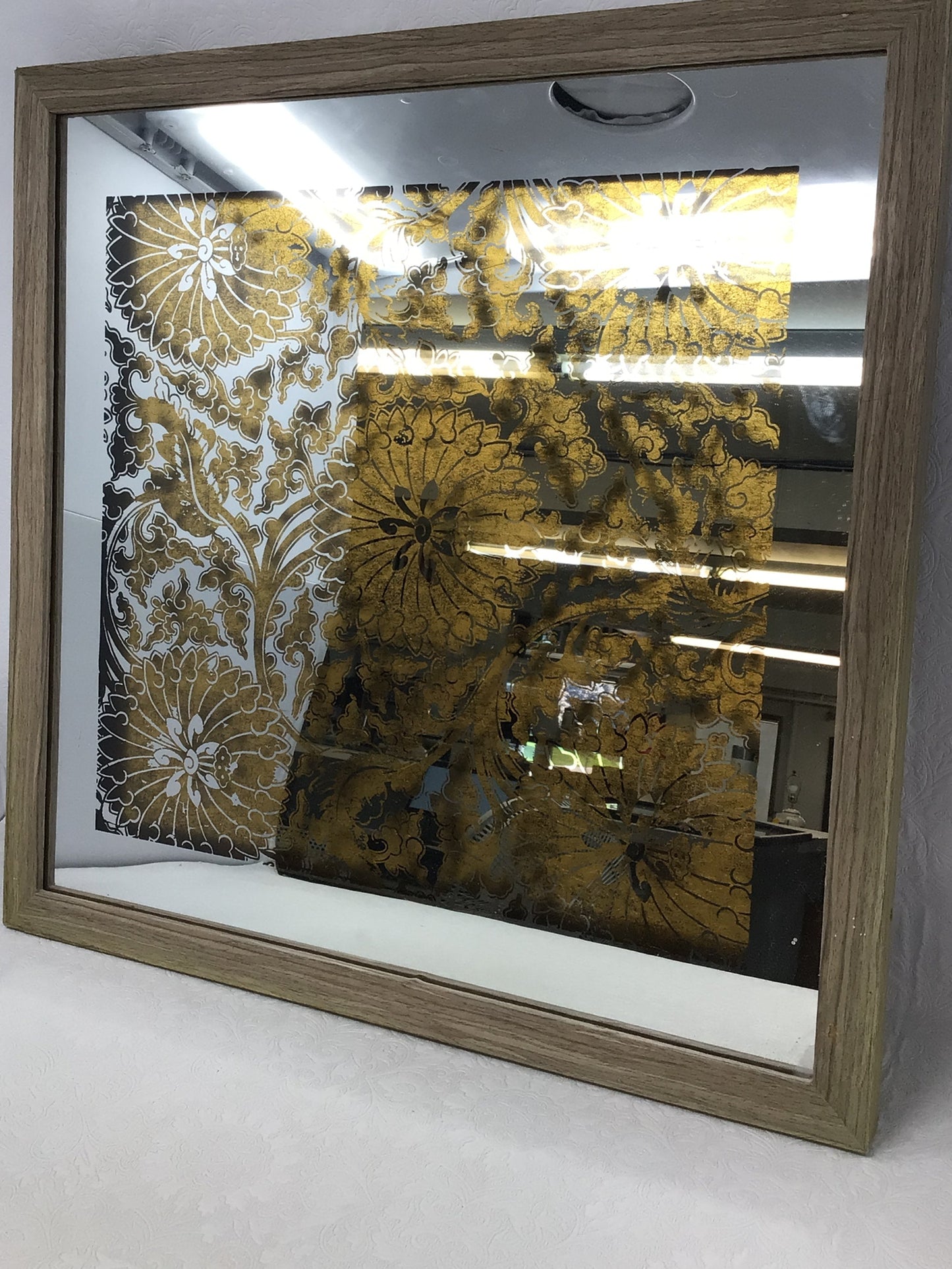 Square Decorative Wall Mirror with Natural Wood-Grain