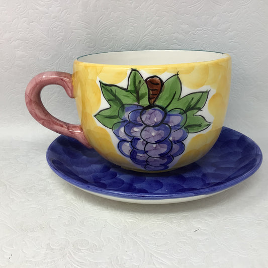 Ceramic Set Of Grape And Cherry Plate And Oversized Mug