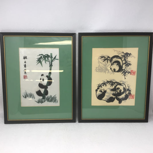 Set of Vintage Silk Embroidered Panda Artwork