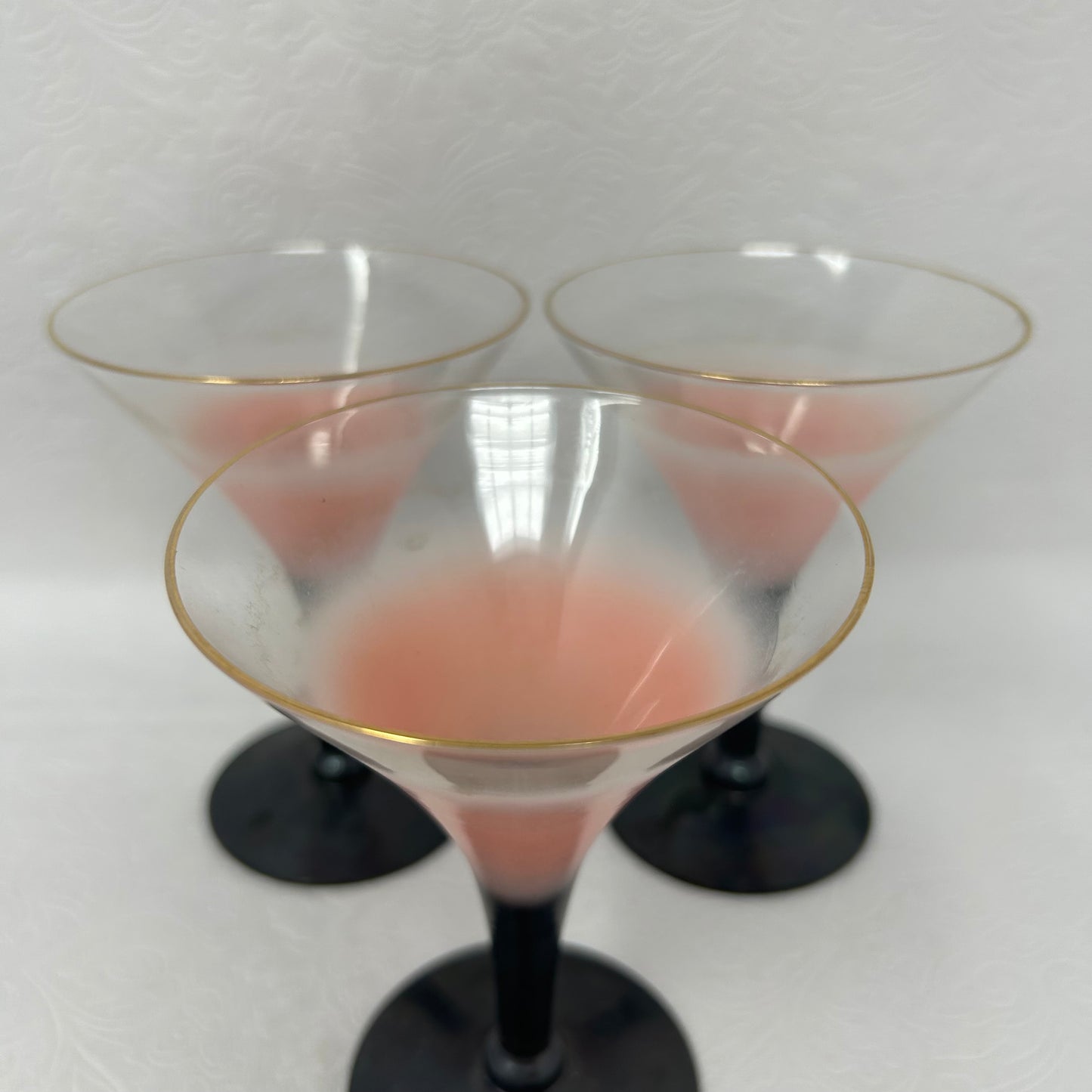 Short Martini Glasses in Pink and Black with Gold Rim Set of 3