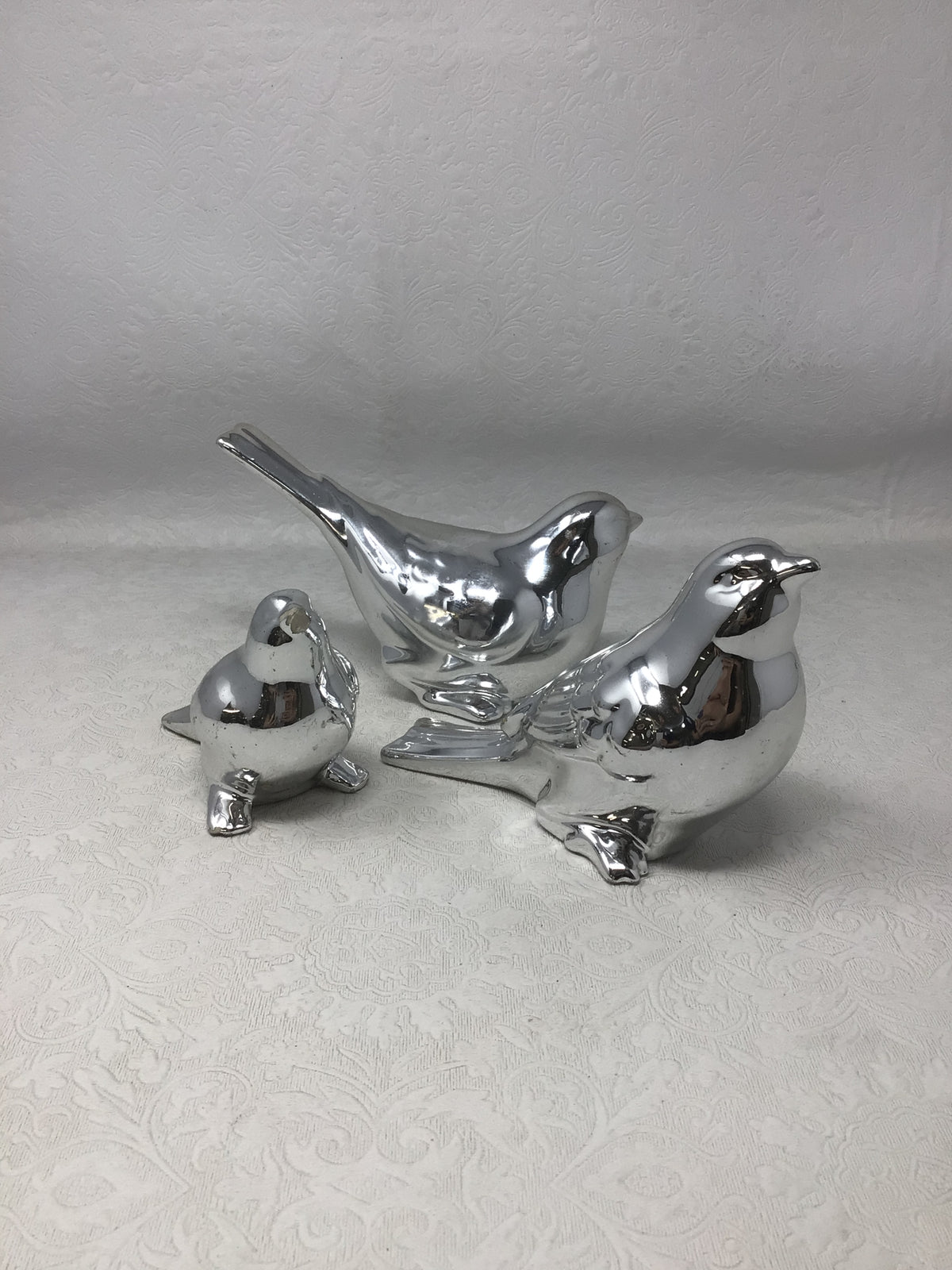 Glossy Silver Ceramic Bird Figurines