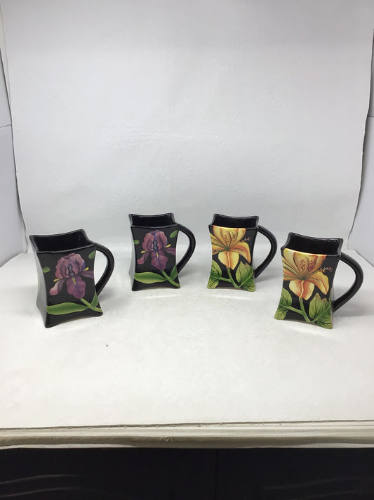 Hand-painted Floral Mugs, Set of 4