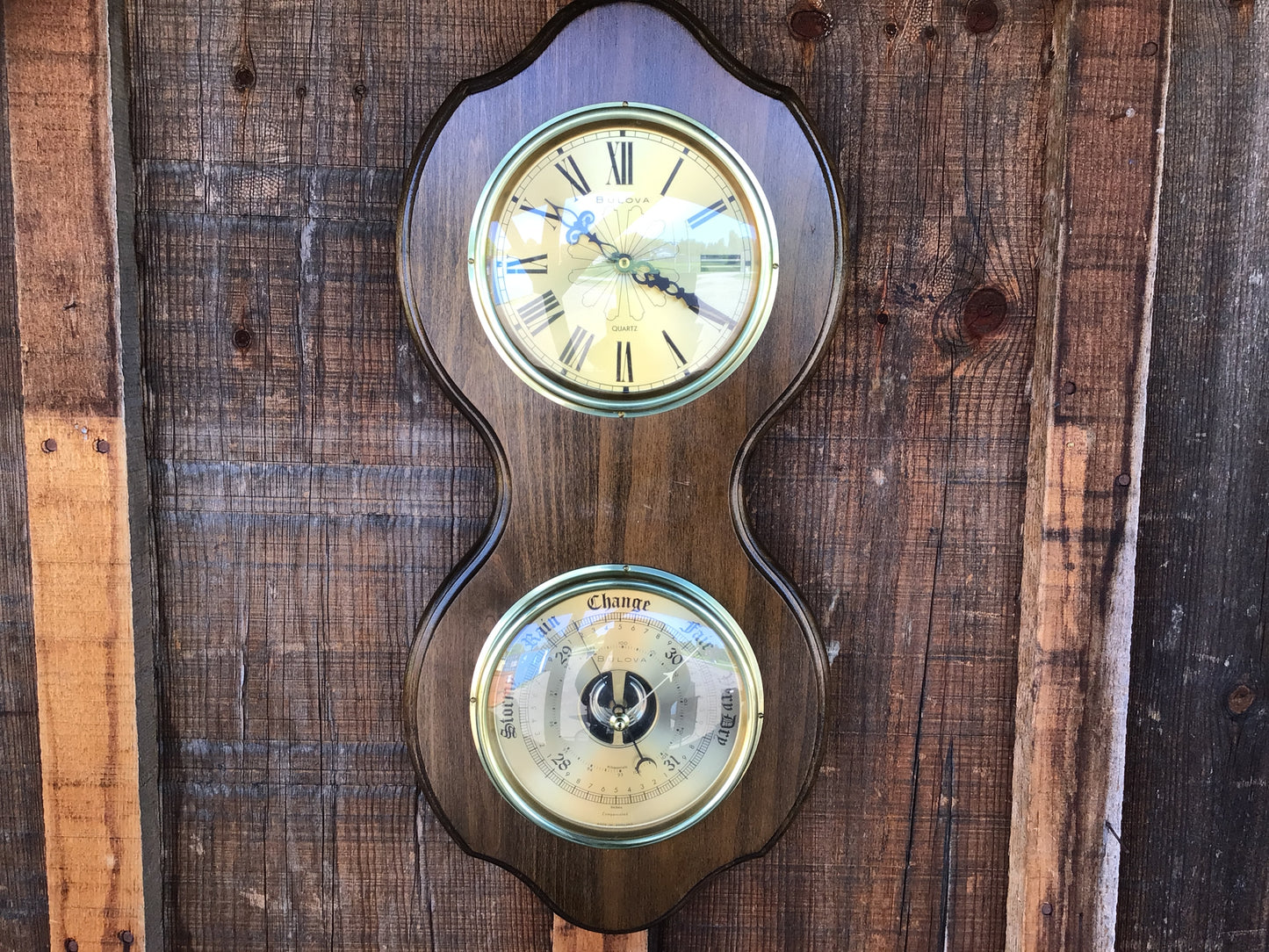 Bulova Quartz Clock and Barometer Wood Plaque