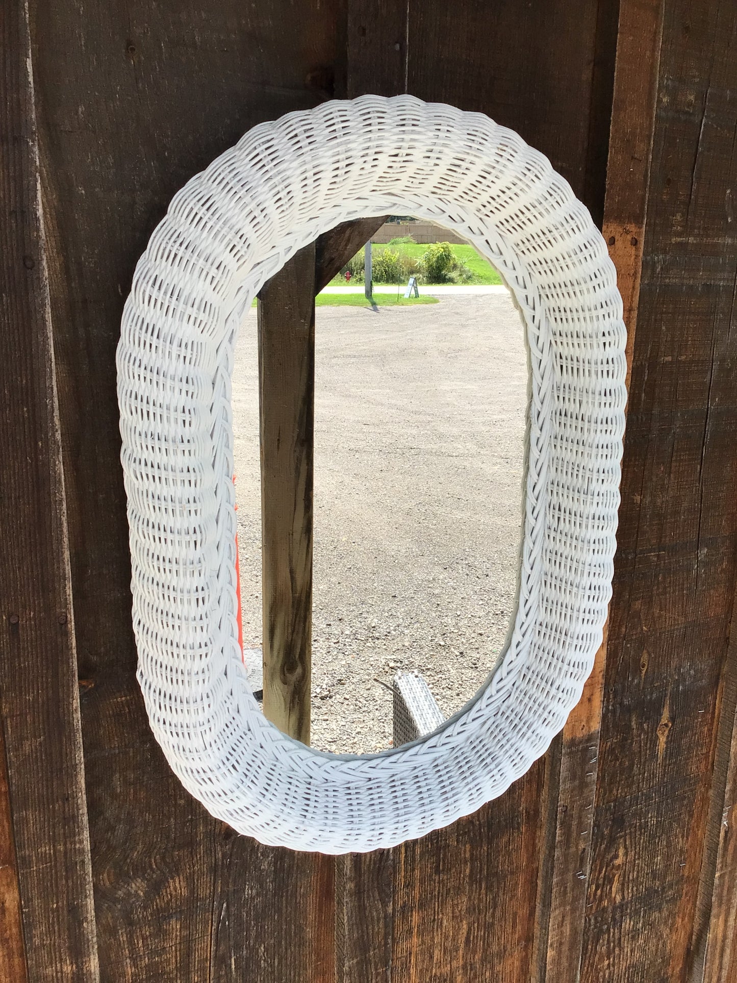 Vintage White Wicker Oval Mirror
