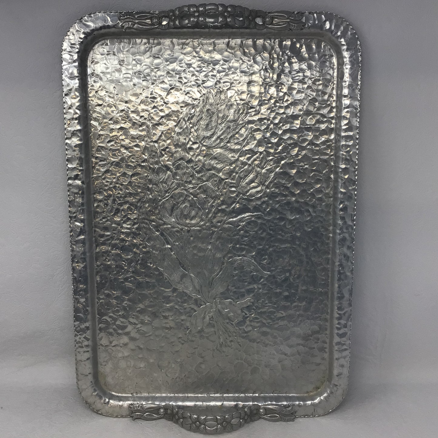 Vintage Hand Wrought Hammered Aluminum Floral Tray - “Rodney Kent Silver 428”