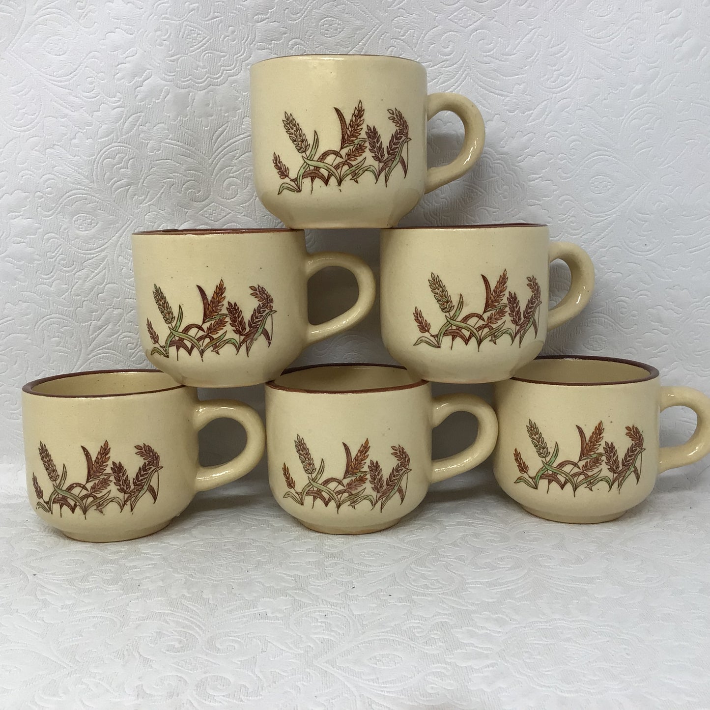 Small Beige Teapot And Cups With Wheat Design