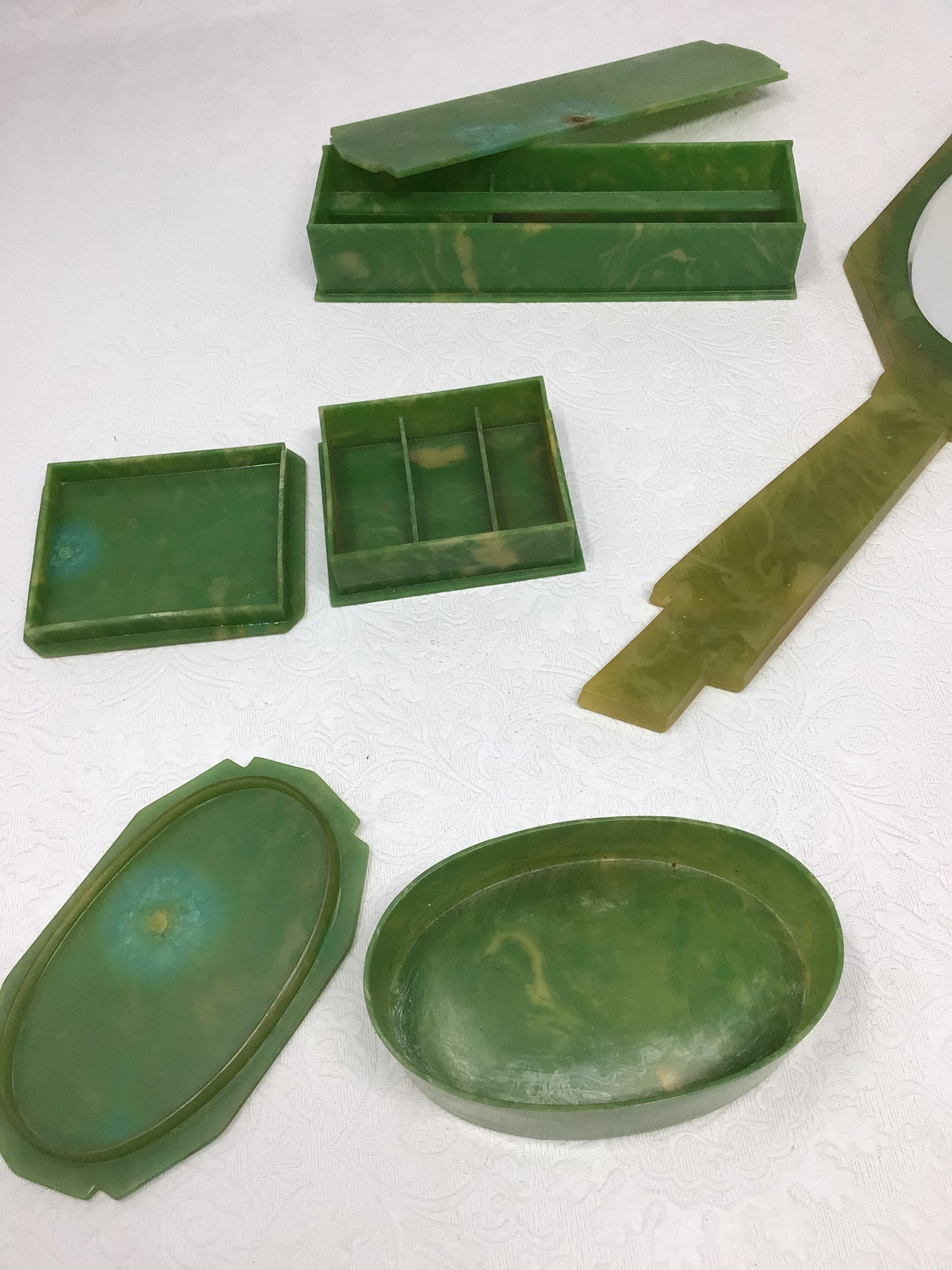 Art Deco Green Bakelite Vanity Set of 7