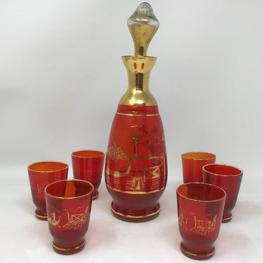 Vintage Ruby Glass Venetian Scene Decanter Set