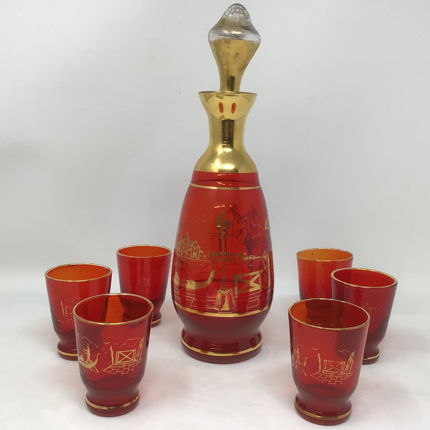 Vintage Ruby Glass Venetian Scene Decanter Set