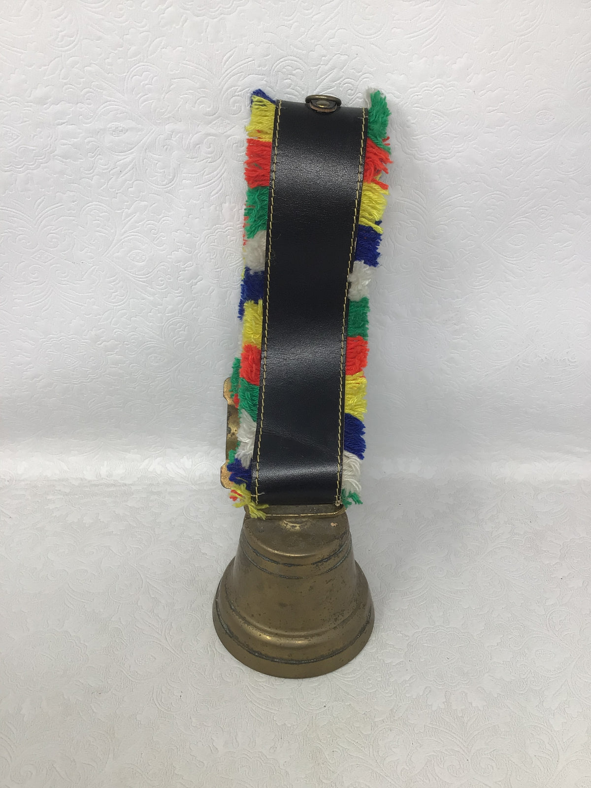 Vintage Swiss Brass Cowbell with Leather Embroidered Strap