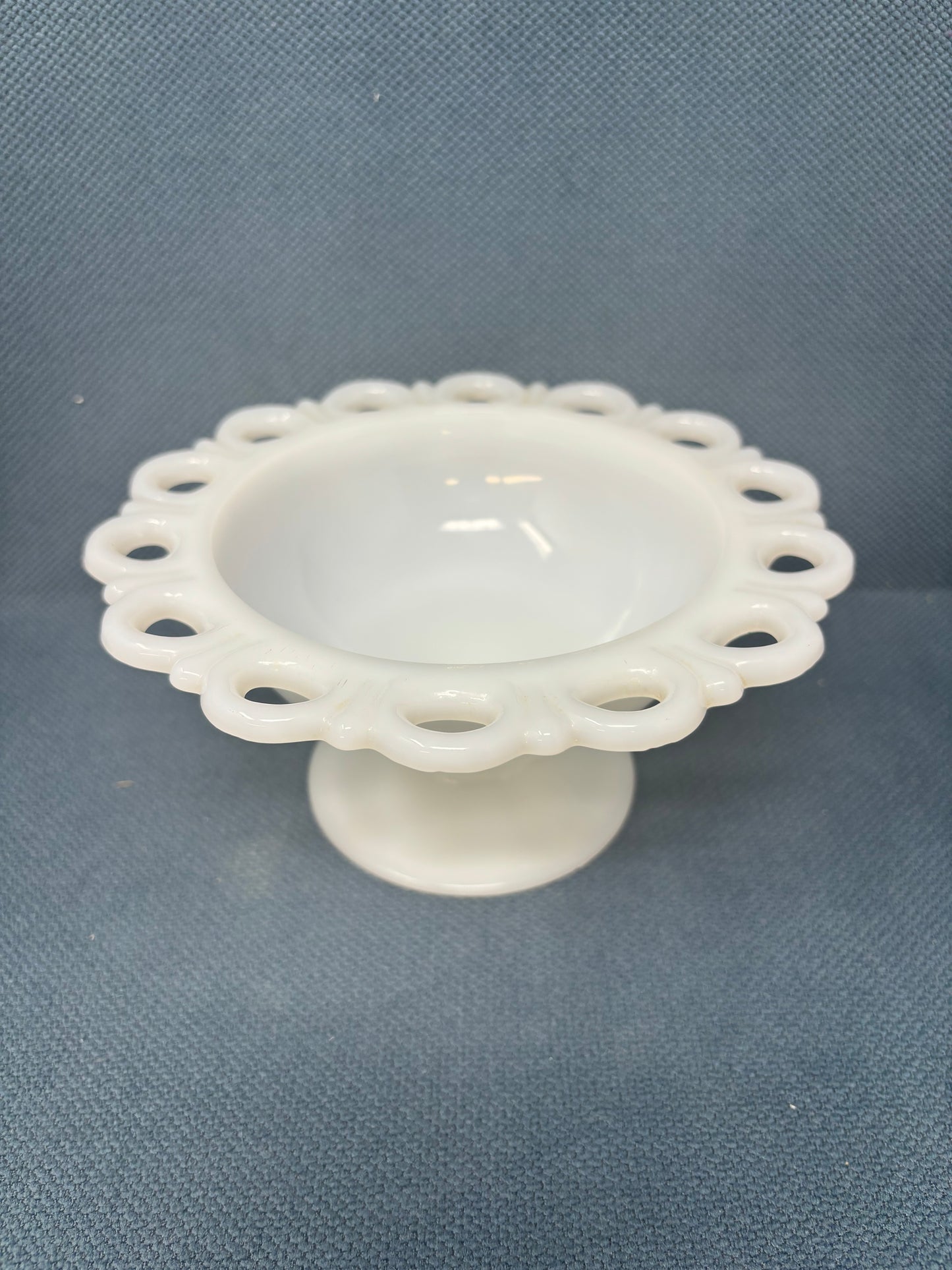 Vintage Anchor Hocking Open Lace Edge Milk Glass Compote