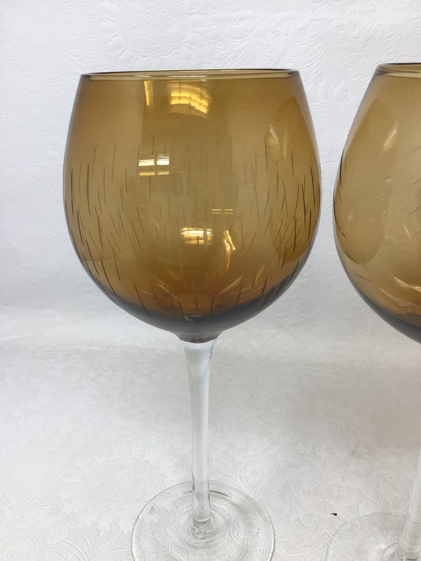 Set of 3 Etched Amber Wine Glasses