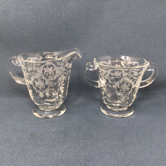 Vintage Fostoria Etched Glass Creamer and Sugar Set