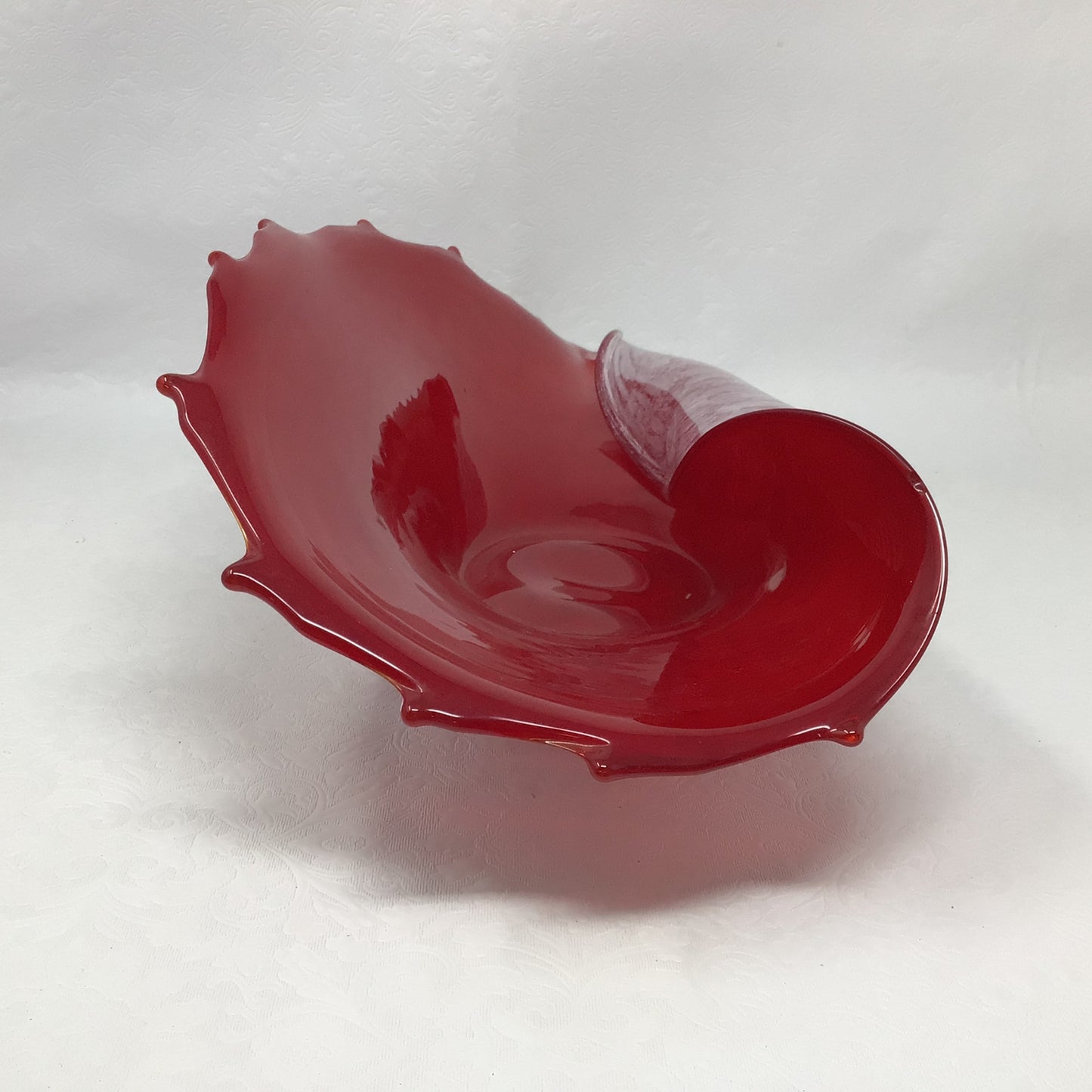 Art Glass Ruby Red White Opalescent Shell Console Bowl