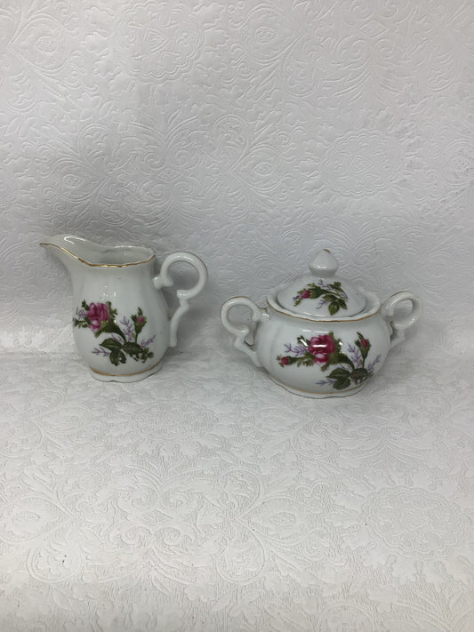 Vintage Moss Rose Japan Creamer and Sugar Pot