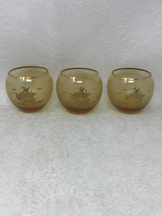 Set of 3 Vintage Bohemian Amber Roly-Poly Glasses