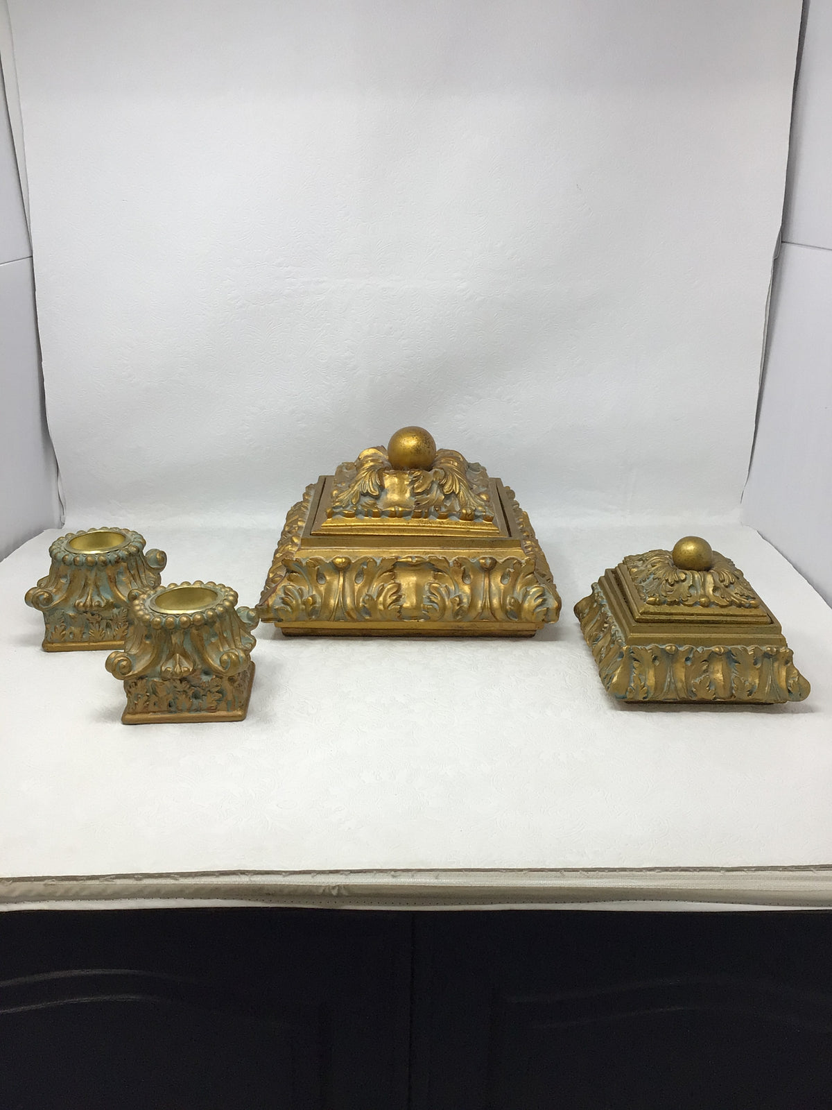 Ornate Gold-Painted and Distressed Decorative Candles and Trinket Boxes