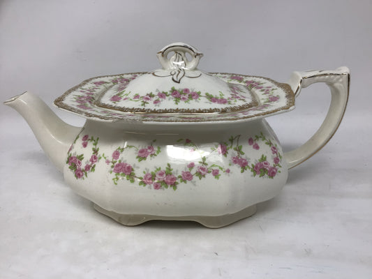 Vintage Alfred Meakin Pink and Gold Floral Square Teapot