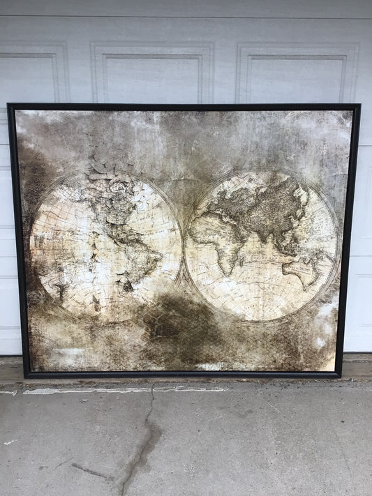 Framed Dual Hemispheres World Map Art Piece