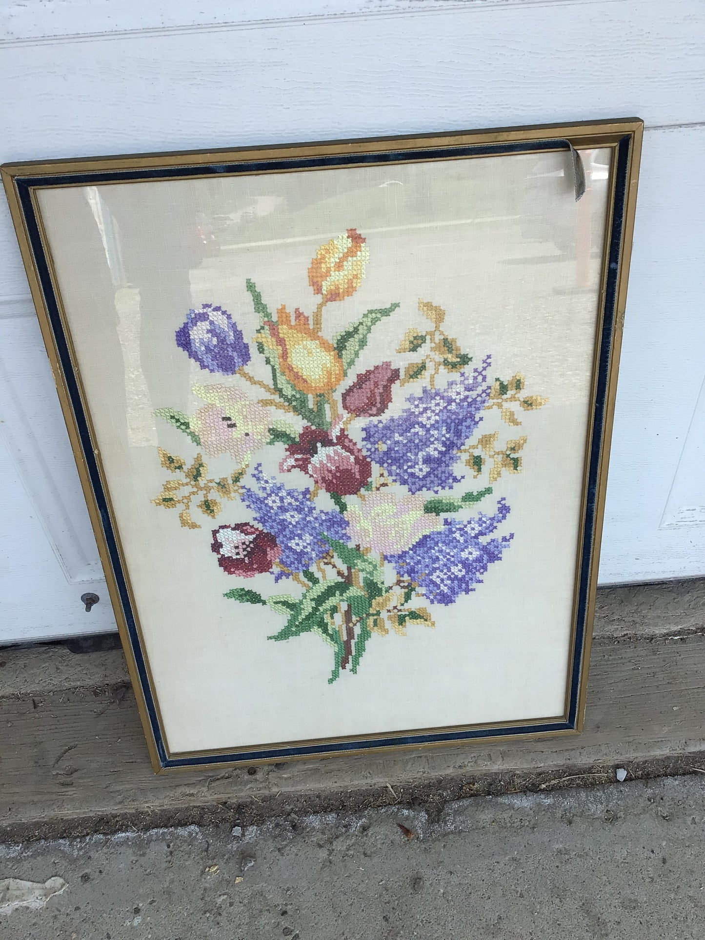 Framed Embroidered Cross Stitch Colourful Floral Bouquet