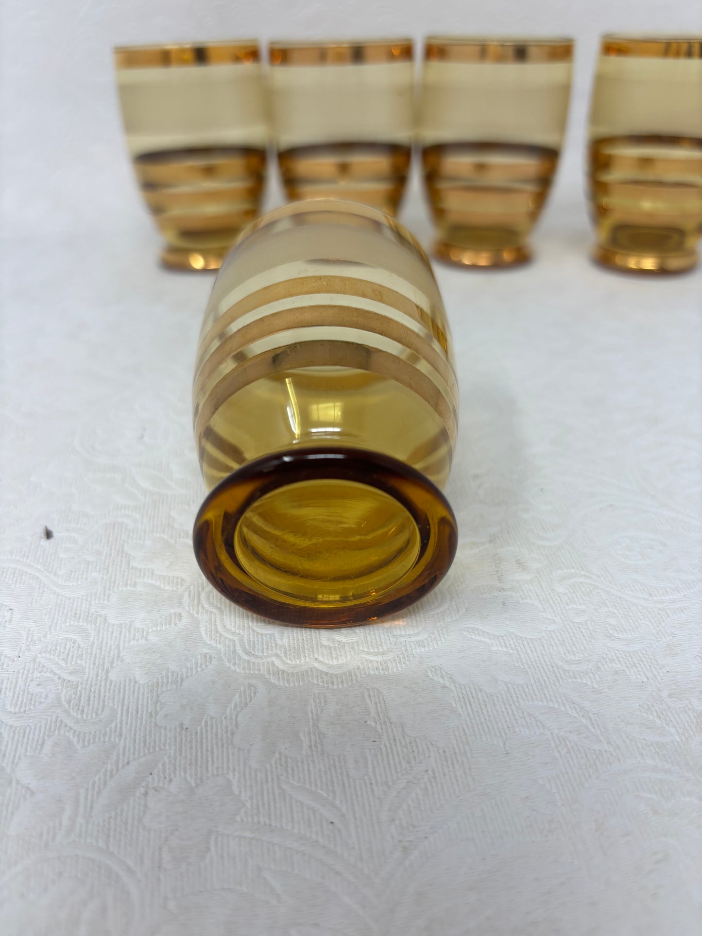 Set Of 5 Amber And Gold Striped Barware Glasses