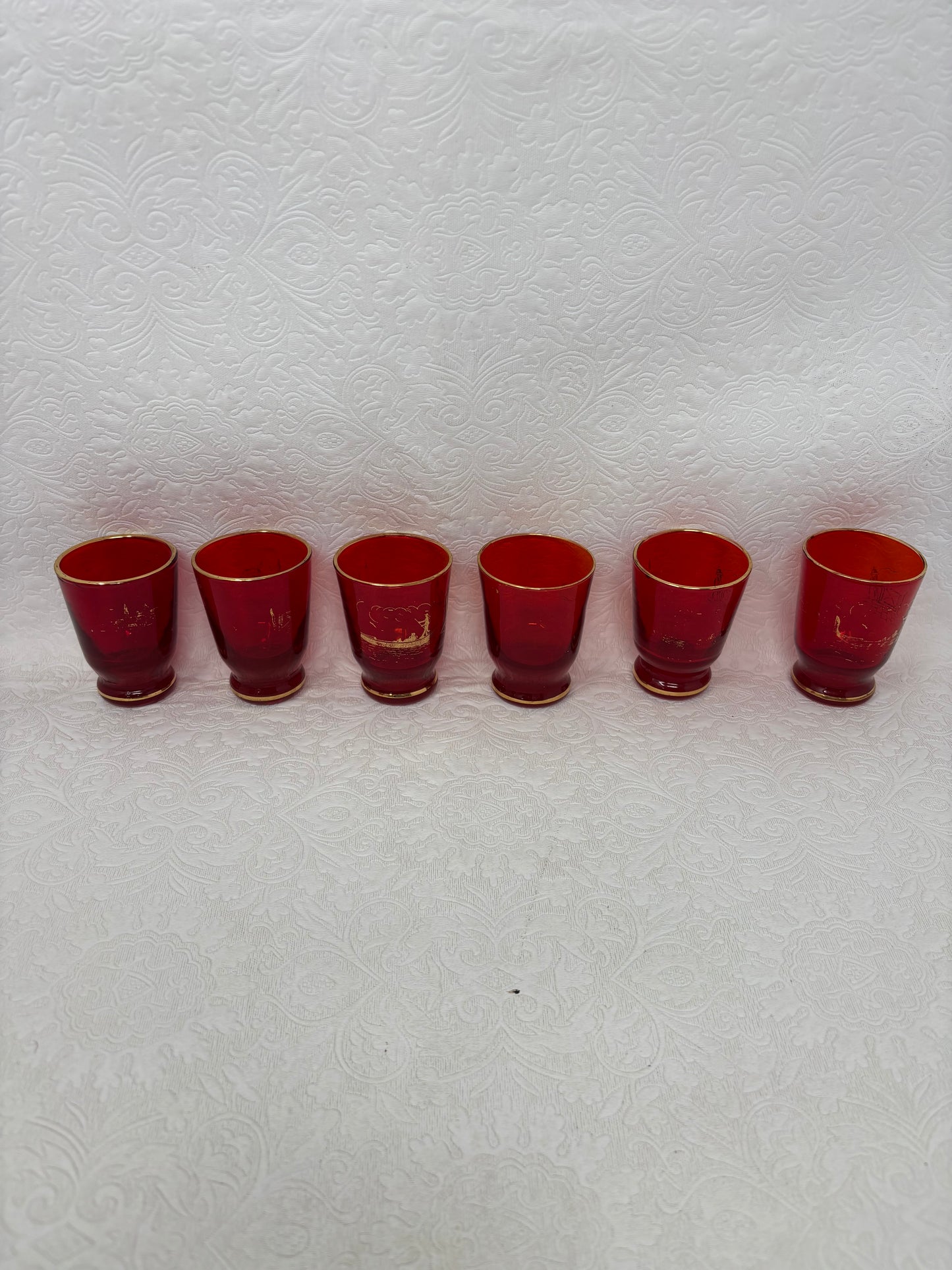 Vintage Red Glass Decanter & Glasses