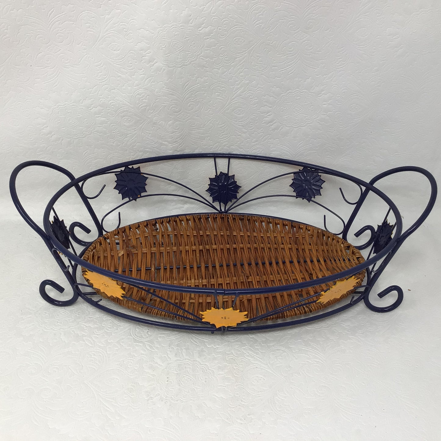 Temp-tations By Tara Ceramic Old World Blue Casserole Dishes And Metal Rattan Serving Basket
