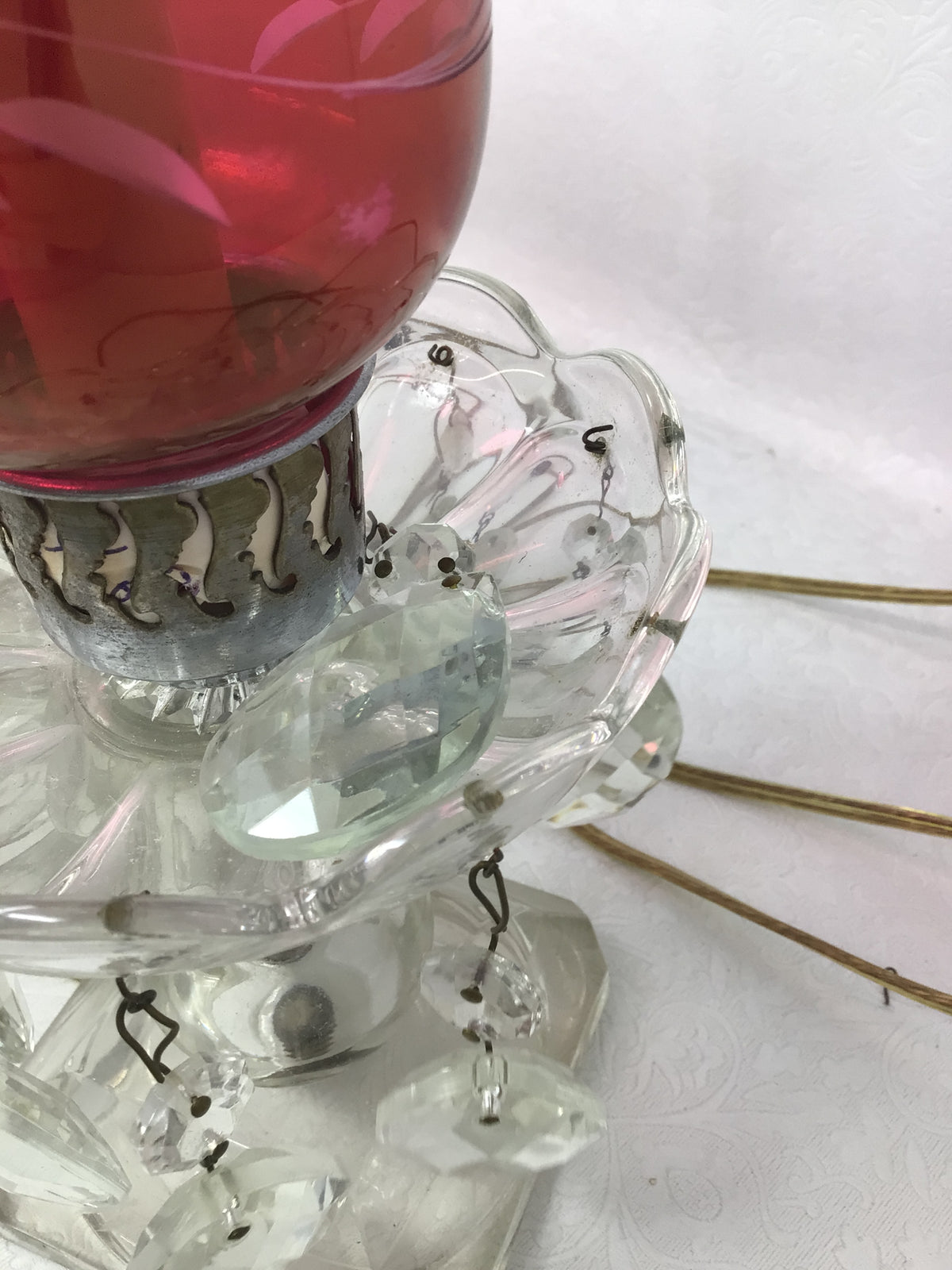 Pair of Vintage Cranberry Glass Hurricane Accent Lamps