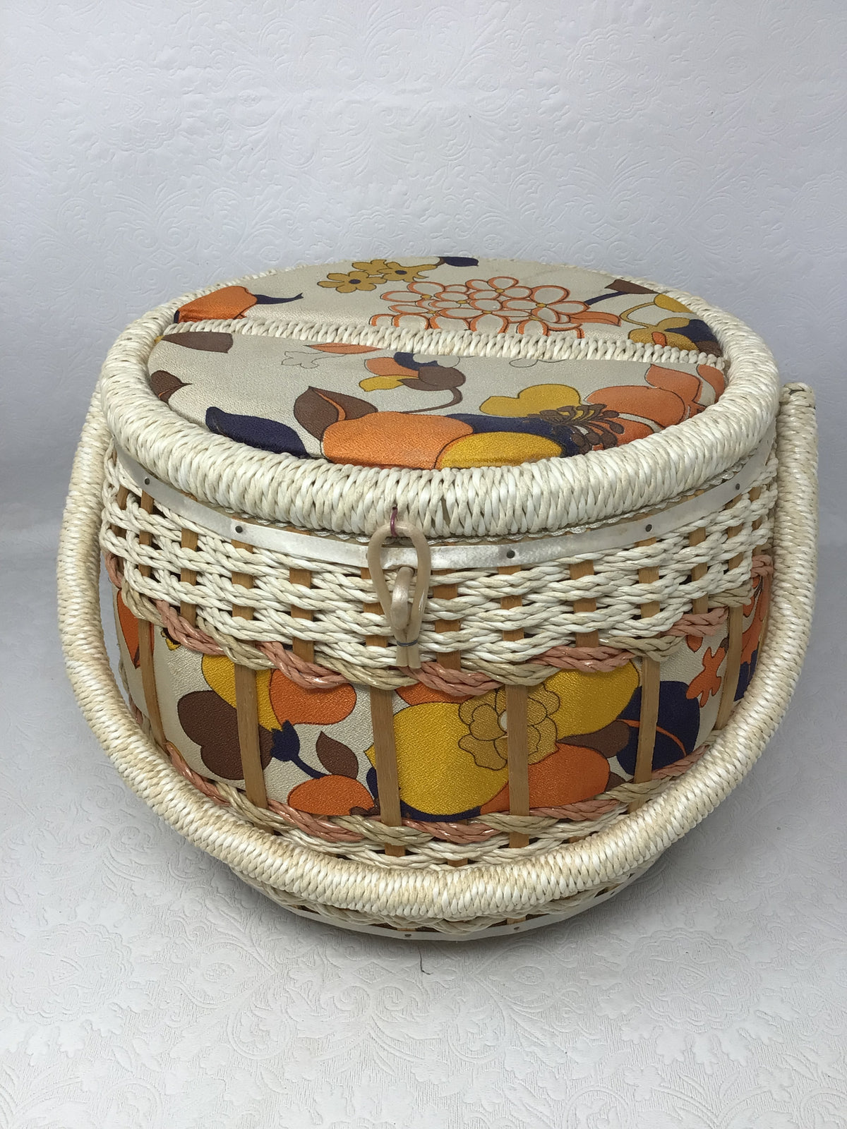 Vintage Woven Wicker Round Sewing Basket
