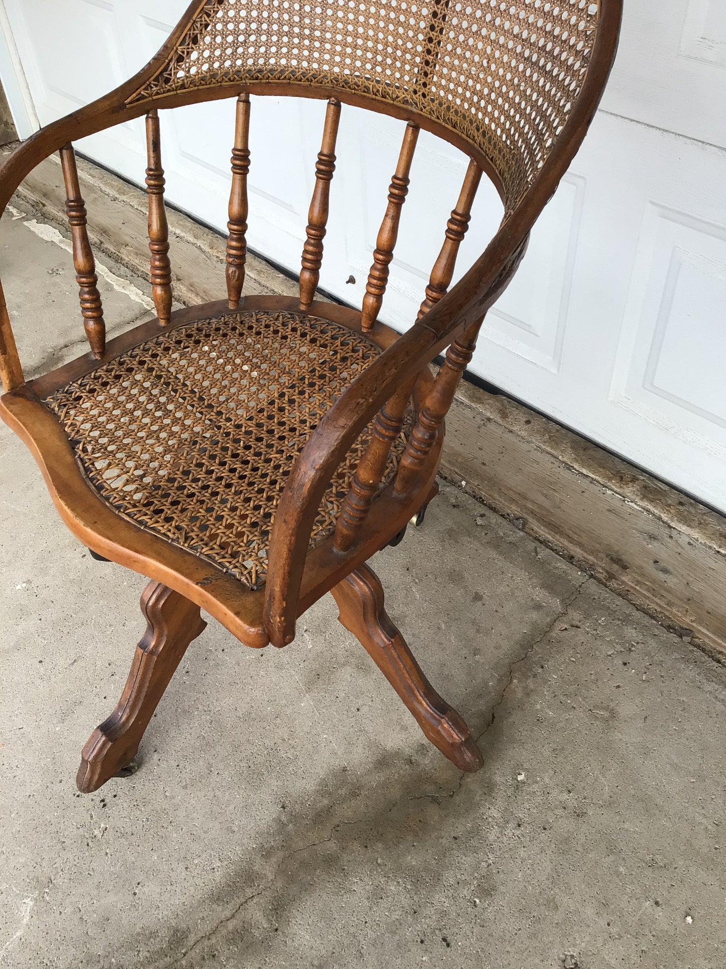 Vintage Oak Cane-back Swivel Banker's Chair