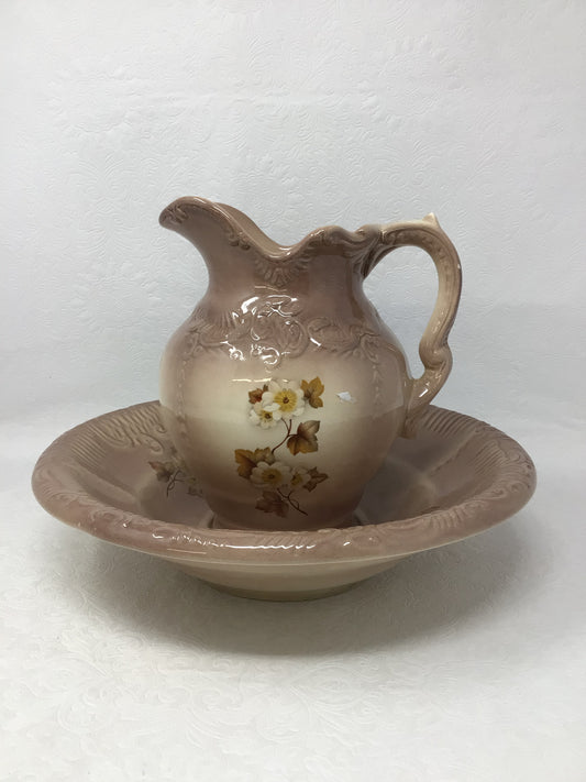 Taupe Colour Floral Water Pitcher and Wash Basin