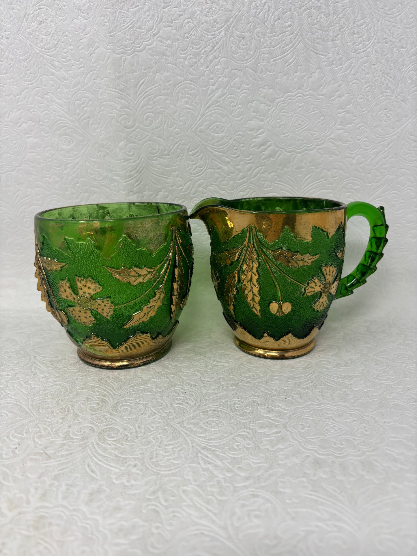 Antique U.S. Glass Co. Delaware Green Glass Cream And Sugar Set