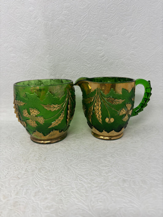 Antique U.S. Glass Co. Delaware Green Glass Cream And Sugar Set
