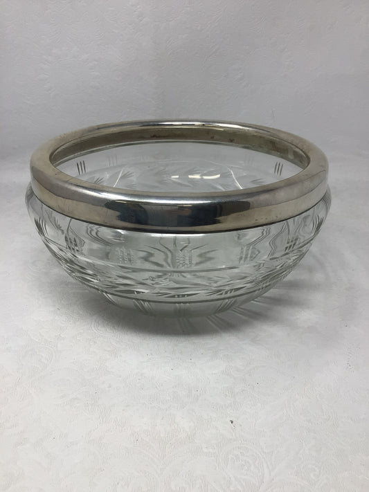 Vintage Cut Glass Bowl with Metal Rim
