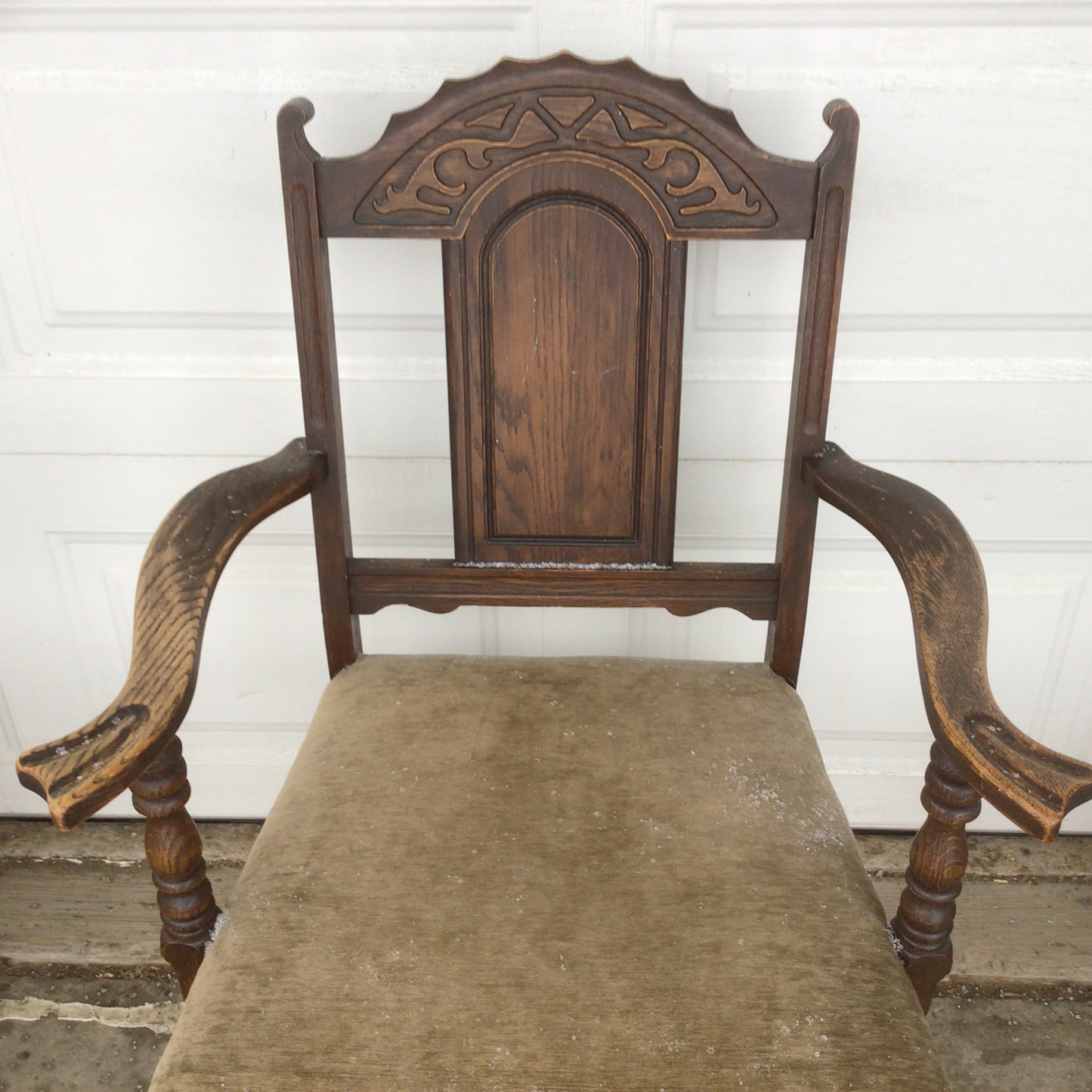 Antique Jacobean Style Velvet Seat Arm Chair